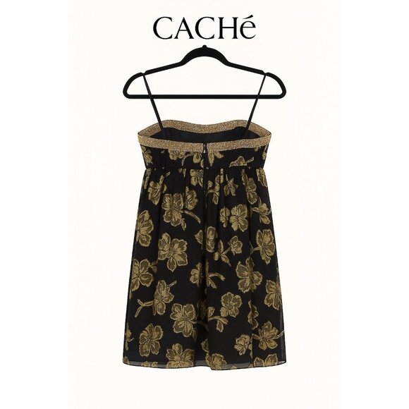 Cache Strapless Cocktail Dress Womens 4 Black Gold Floral Brocade Sequin Silk Pa - Picture 4 of 12